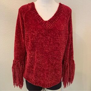 Oliver By Escio Red Chunky Knit Chenille Fringe Sleeve V Neck Sweater Size Large